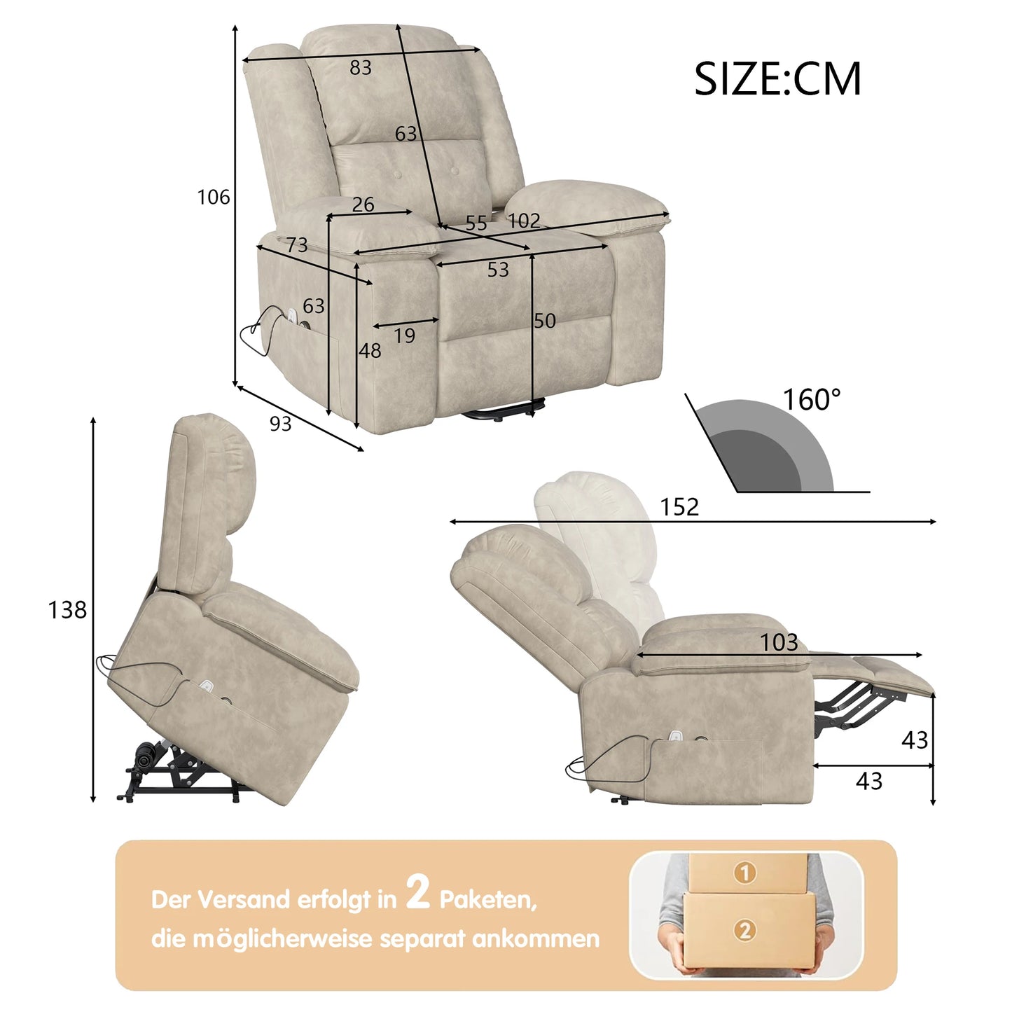 Creahappy - Recliner Chair with Lift Assist, Heating Function, Reclining Feature, Electric Adjustable Leisure Chair - Brown