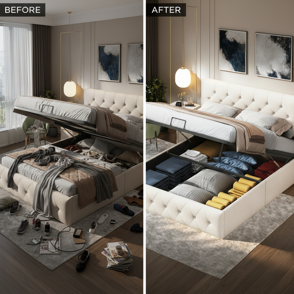 Rosahqnda Upholstered bed double bed frame, lifting bed with large storage space, beige,velvet fabric, without mattress