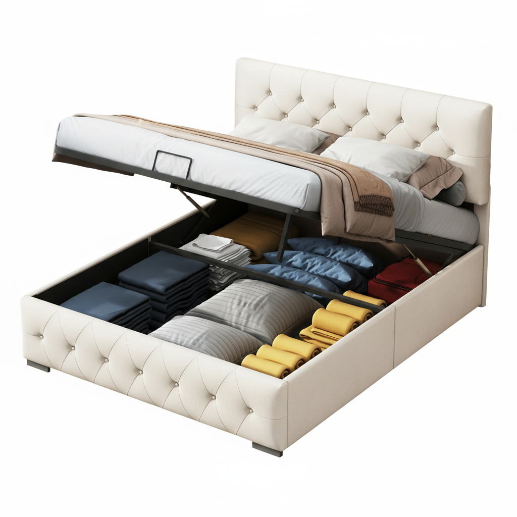 Rosahqnda Upholstered bed double bed frame, lifting bed with large storage space, beige,velvet fabric, without mattress