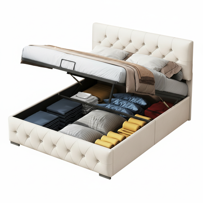 Rosahqnda Upholstered bed double bed frame, lifting bed with large storage space, beige,velvet fabric, without mattress