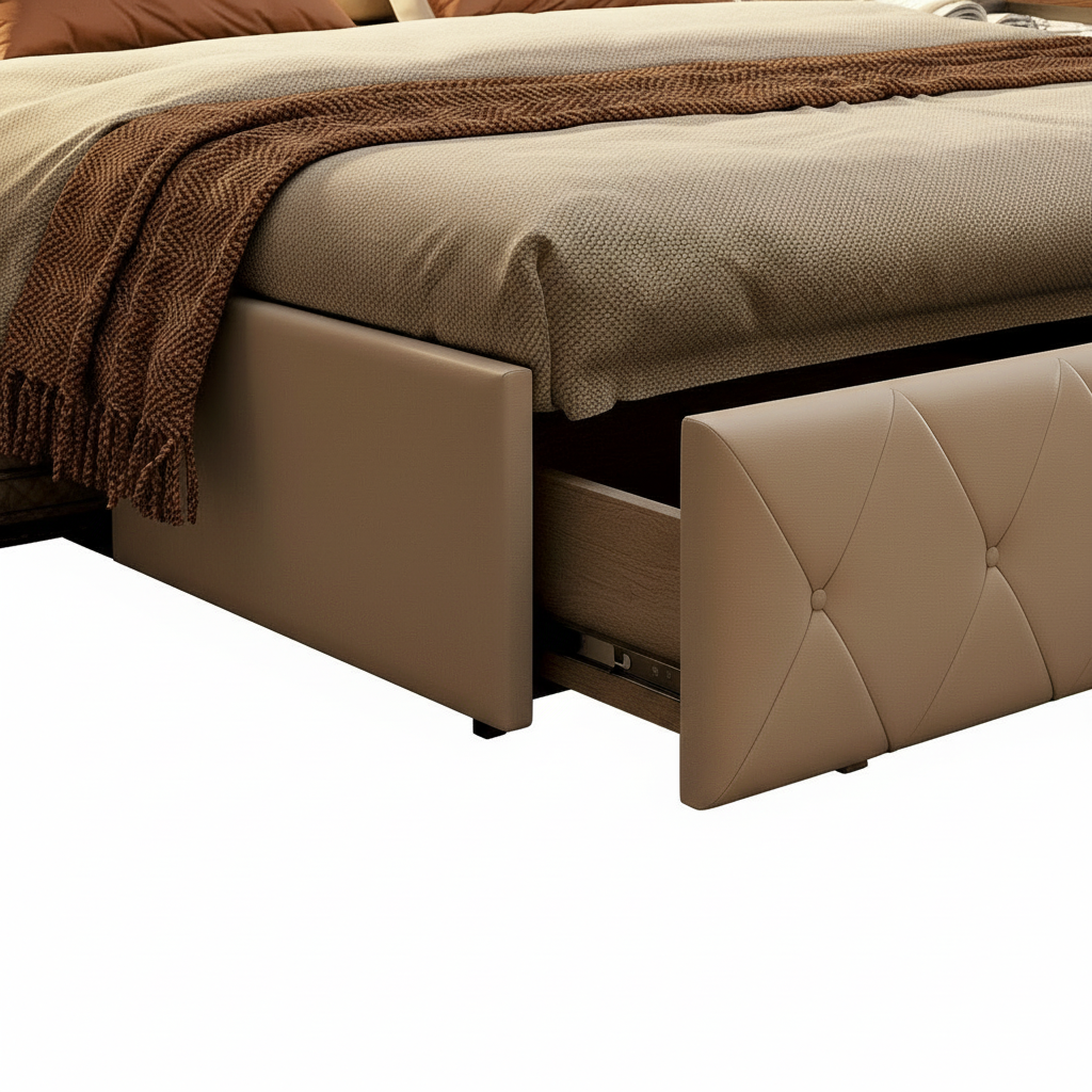 Rosahqnda Modern Faux Leather bed with Drawers, Stylish Faux Leather Double Bed Rher with Storage, Without Mattress