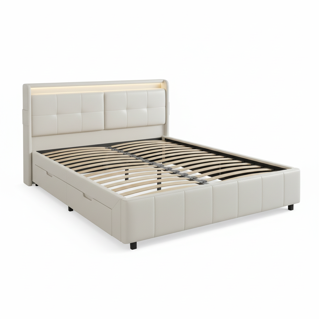 Wooden Aura Double Upholstery bed 140x200CM with 4 Drawers for Storage Backrest with Storage and Slatted Frame PU leather