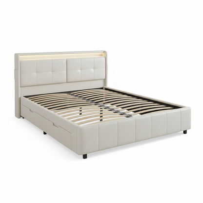 Wooden Aura Double Upholstery bed 140x200CM with 4 Drawers for Storage Backrest with Storage and Slatted Frame PU leather