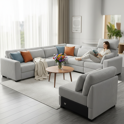 Creahappy - Single Modular Sofa Set - Corduroy Modular Sofa - Grey Single Seat Sofa