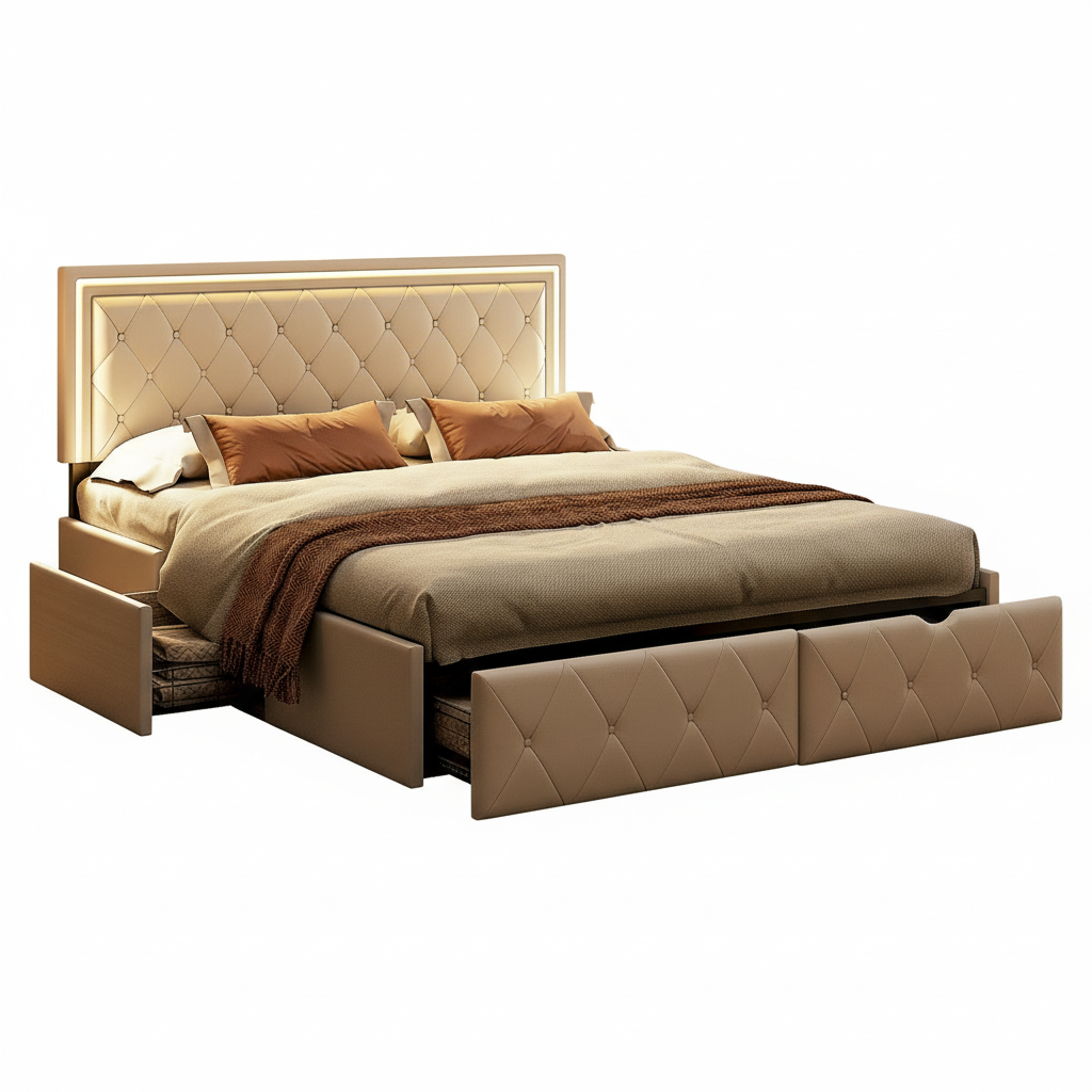 Rosahqnda Modern Faux Leather bed with Drawers, Stylish Faux Leather Double Bed Rher with Storage, Without Mattress