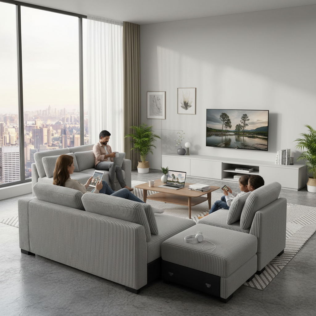 Creahappy - Single Modular Sofa Set - Corduroy Modular Sofa - Grey Single Seat Sofa