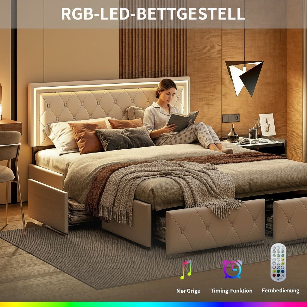 Rosahqnda Modern Faux Leather bed with Drawers, Stylish Faux Leather Double Bed Rher with Storage, Without Mattress