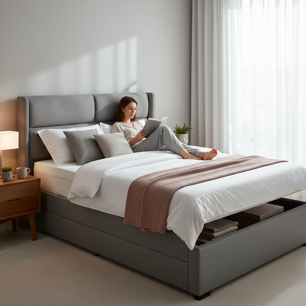 Rosahqnda cushion bed Padded Hydraulic bed frame Grey Pu Linen Headboard Linen Fabric Without Mattress