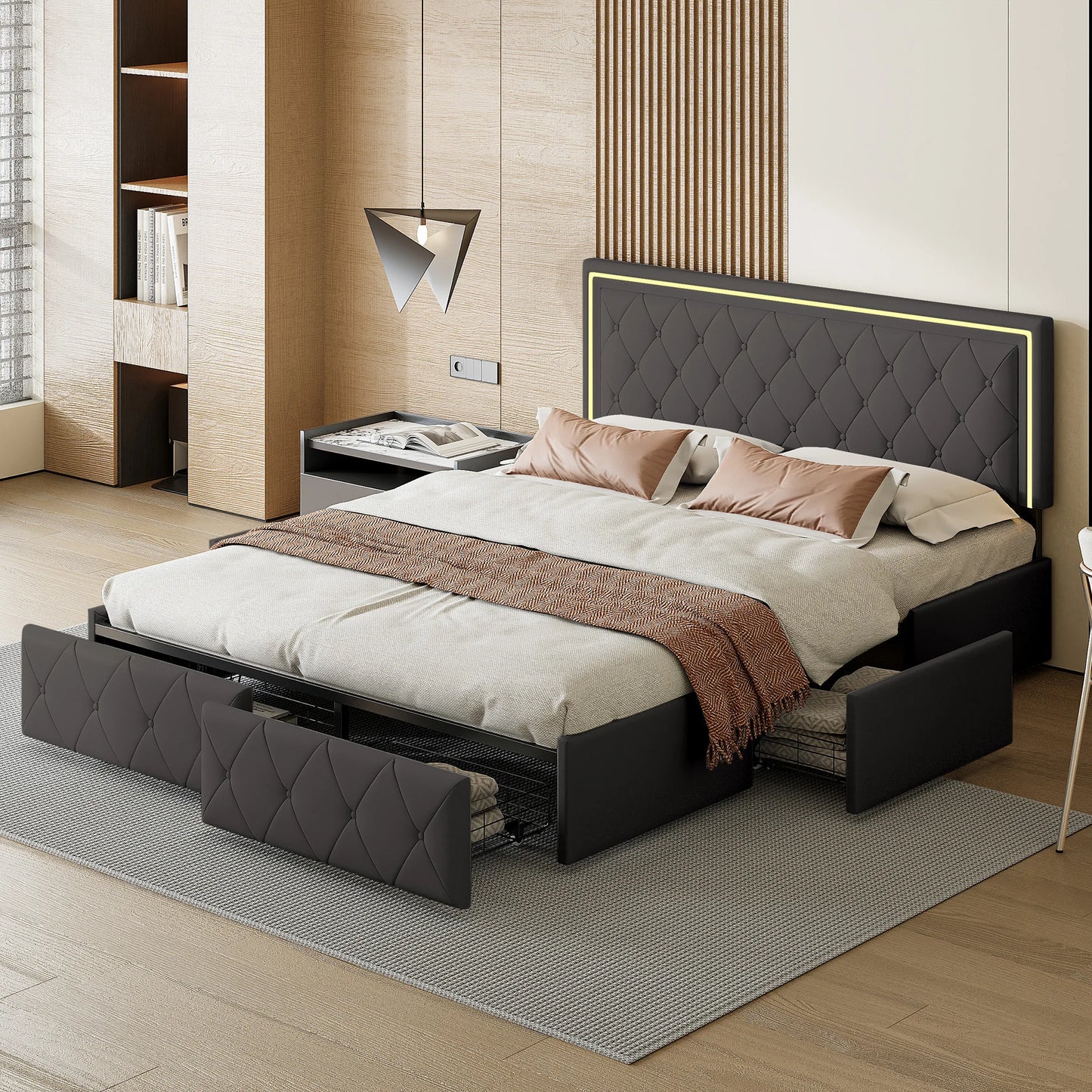 Rosahqnda Modern Faux Leather bed with Drawers, Stylish Faux Leather Double Bed Rher with Storage, Without Mattress