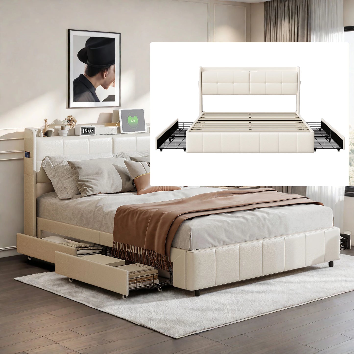 Wooden Aura Double Upholstery bed 140x200CM with 4 Drawers for Storage Backrest with Storage and Slatted Frame PU leather