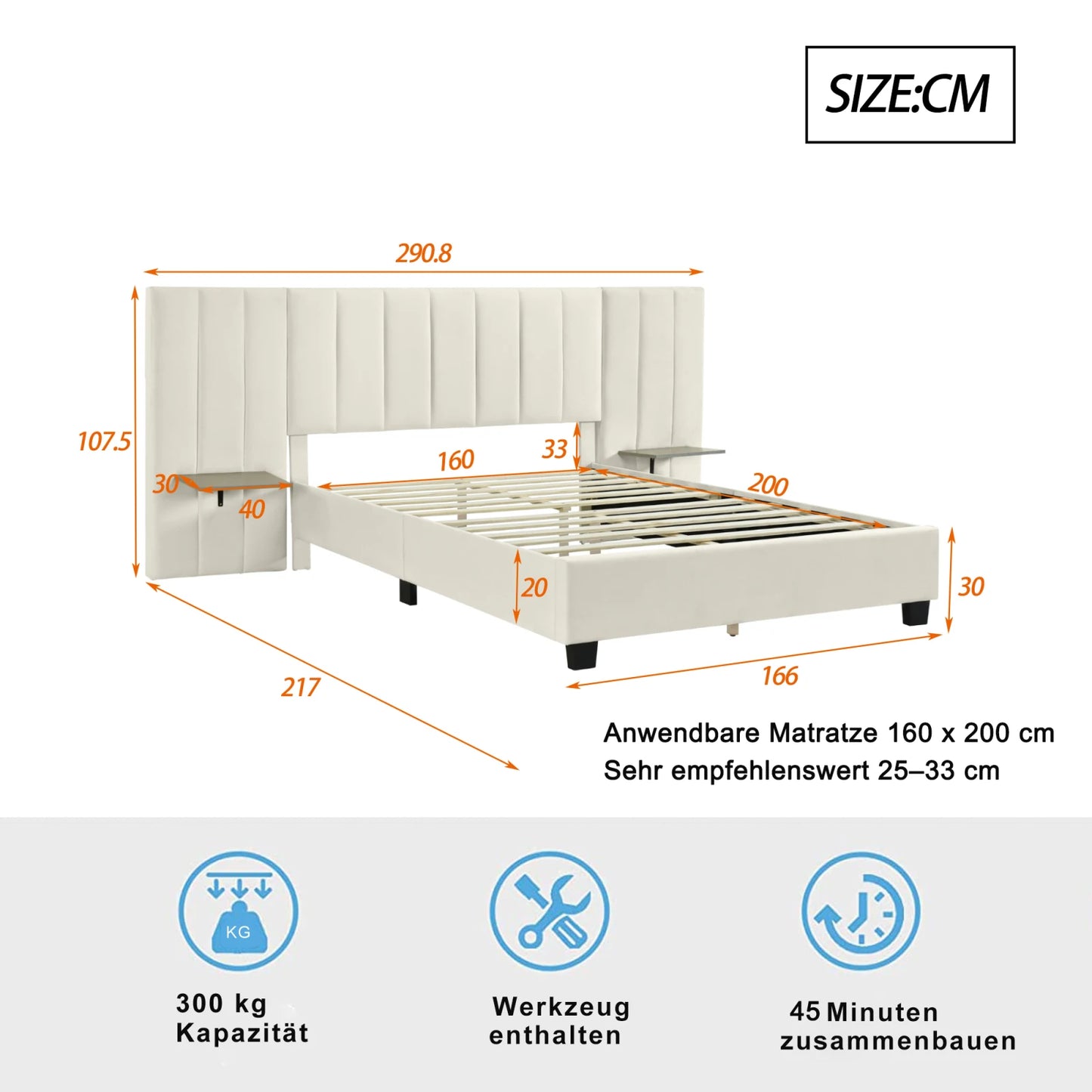 Rosahqnda upholstery bed 160x200 cm, double bed with extended headboard and backrest, with slatted frame, velvet fabric