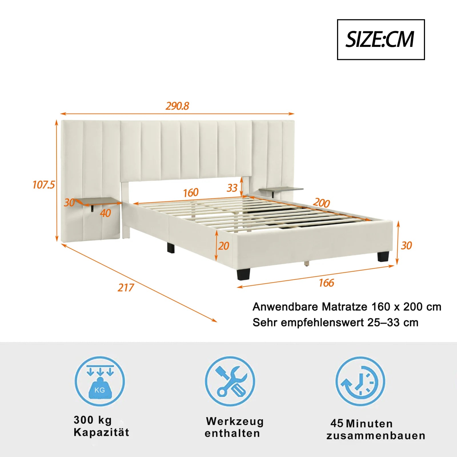 Rosahqnda upholstery bed 160x200 cm, double bed with extended headboard and backrest, with slatted frame, velvet fabric