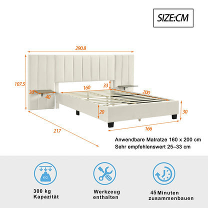 Rosahqnda upholstery bed 160x200 cm, double bed with extended headboard and backrest, with slatted frame, velvet fabric