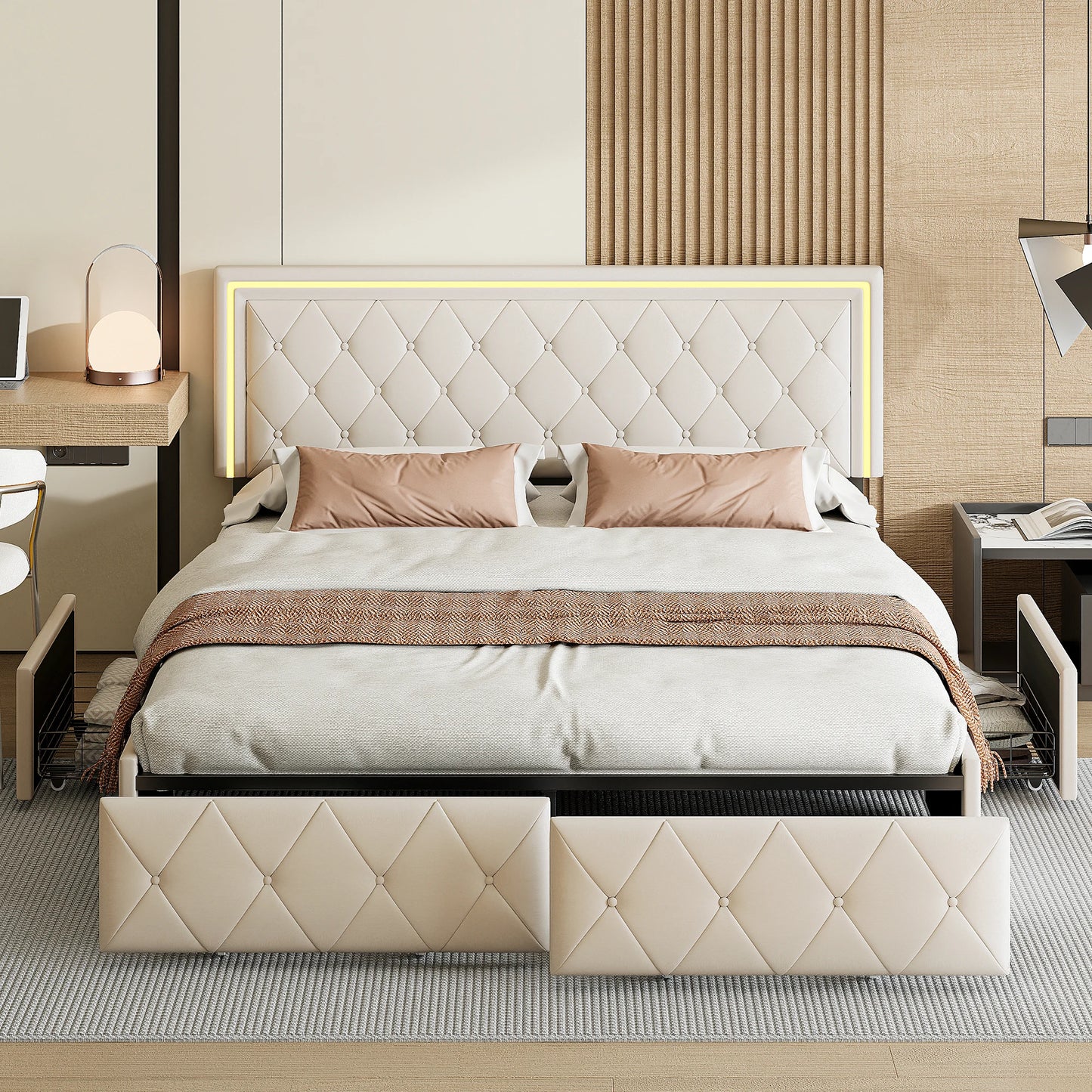 Rosahqnda Modern Faux Leather bed with Drawers, Stylish Faux Leather Double Bed Rher with Storage, Without Mattress