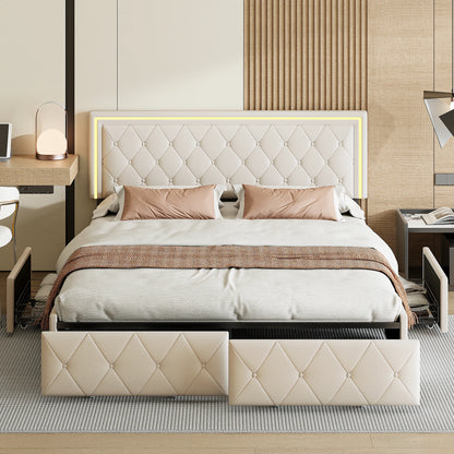 Rosahqnda Modern Faux Leather bed with Drawers, Stylish Faux Leather Double Bed Rher with Storage, Without Mattress