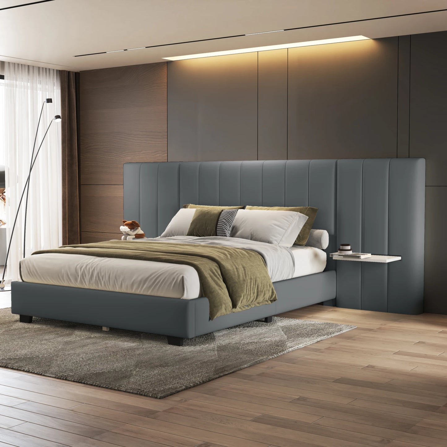 Rosahqnda upholstery bed 160x200 cm, double bed with extended headboard and backrest, with slatted frame, velvet fabric