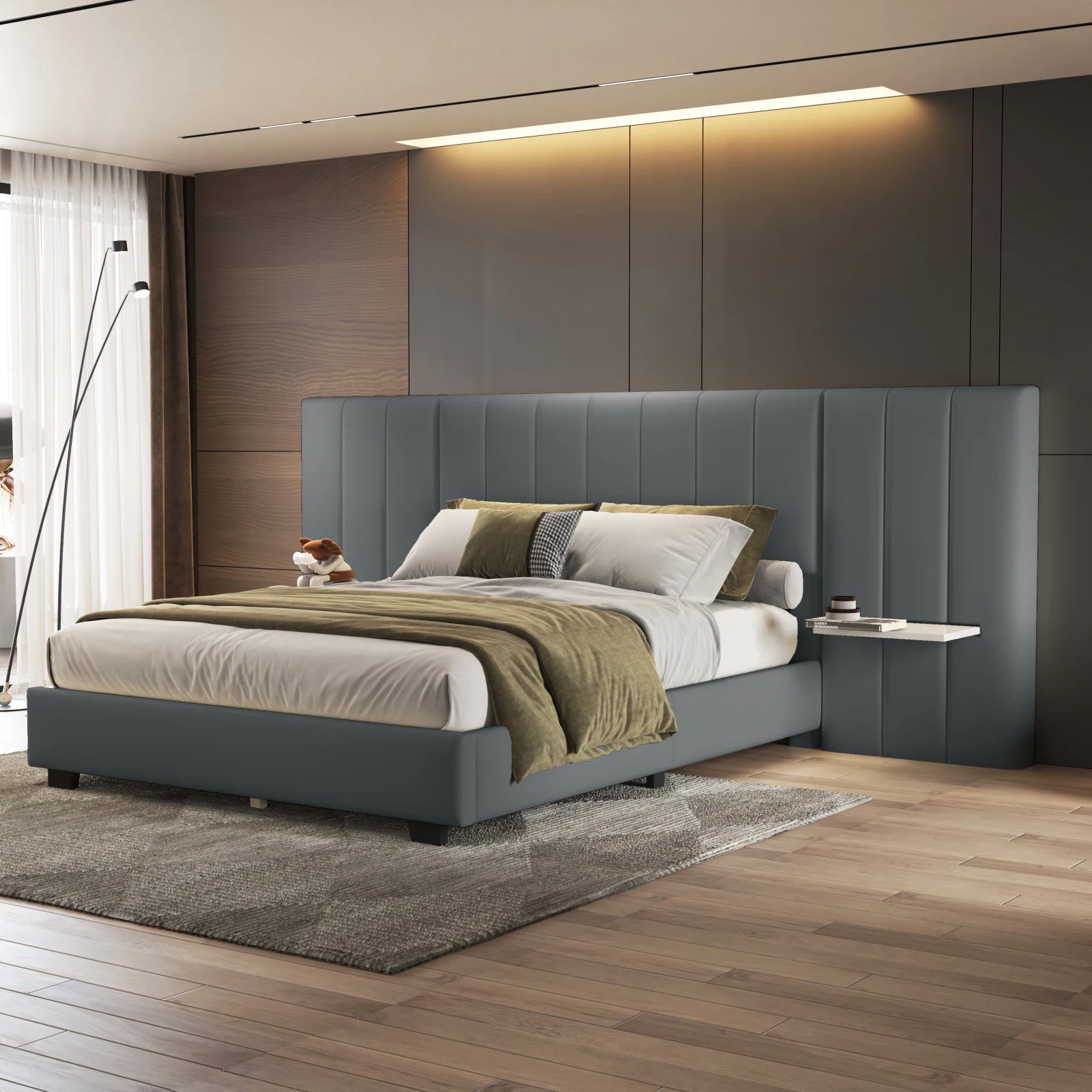 Rosahqnda upholstery bed 160x200 cm, double bed with extended headboard and backrest, with slatted frame, velvet fabric