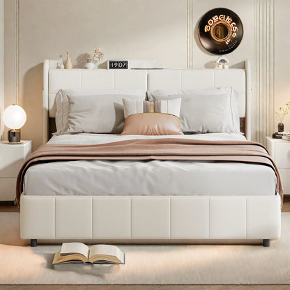 Wooden Aura Double Upholstery bed 140x200CM with 4 Drawers for Storage Backrest with Storage and Slatted Frame PU leather