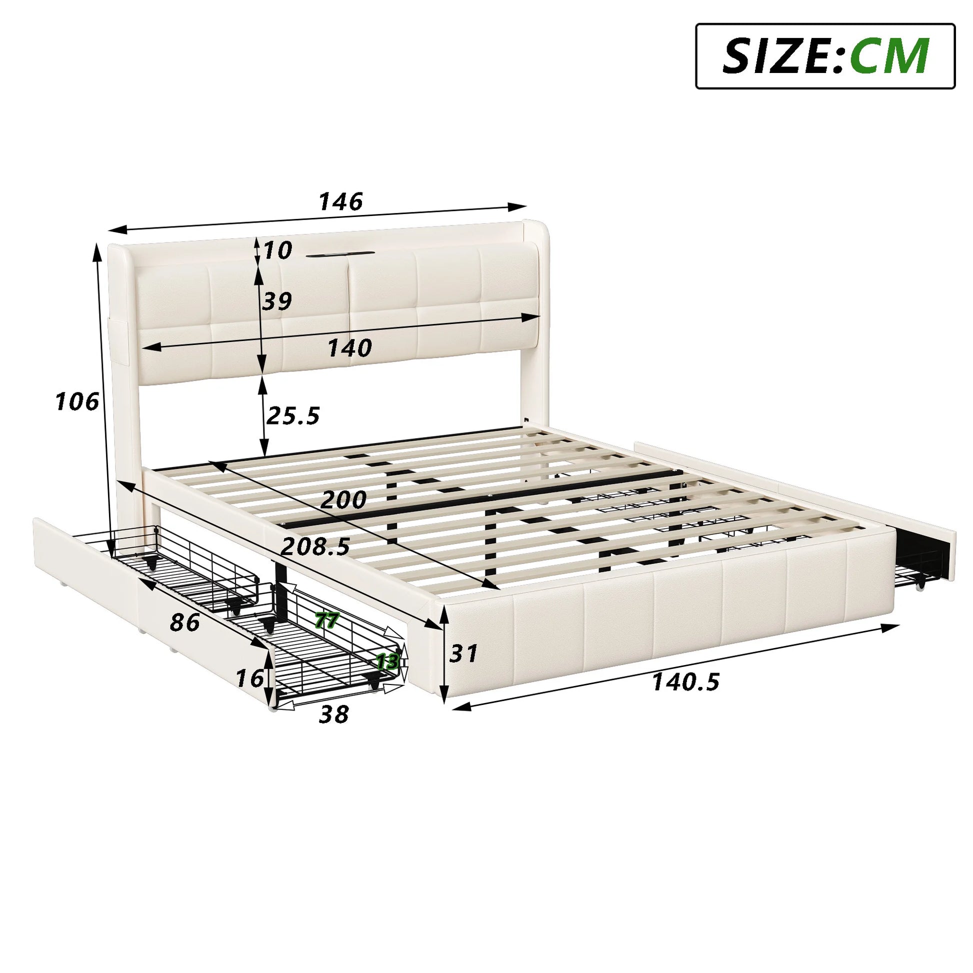 Wooden Aura Double Upholstery bed 140x200CM with 4 Drawers for Storage Backrest with Storage and Slatted Frame PU leather
