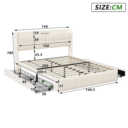 Wooden Aura Double Upholstery bed 140x200CM with 4 Drawers for Storage Backrest with Storage and Slatted Frame PU leather