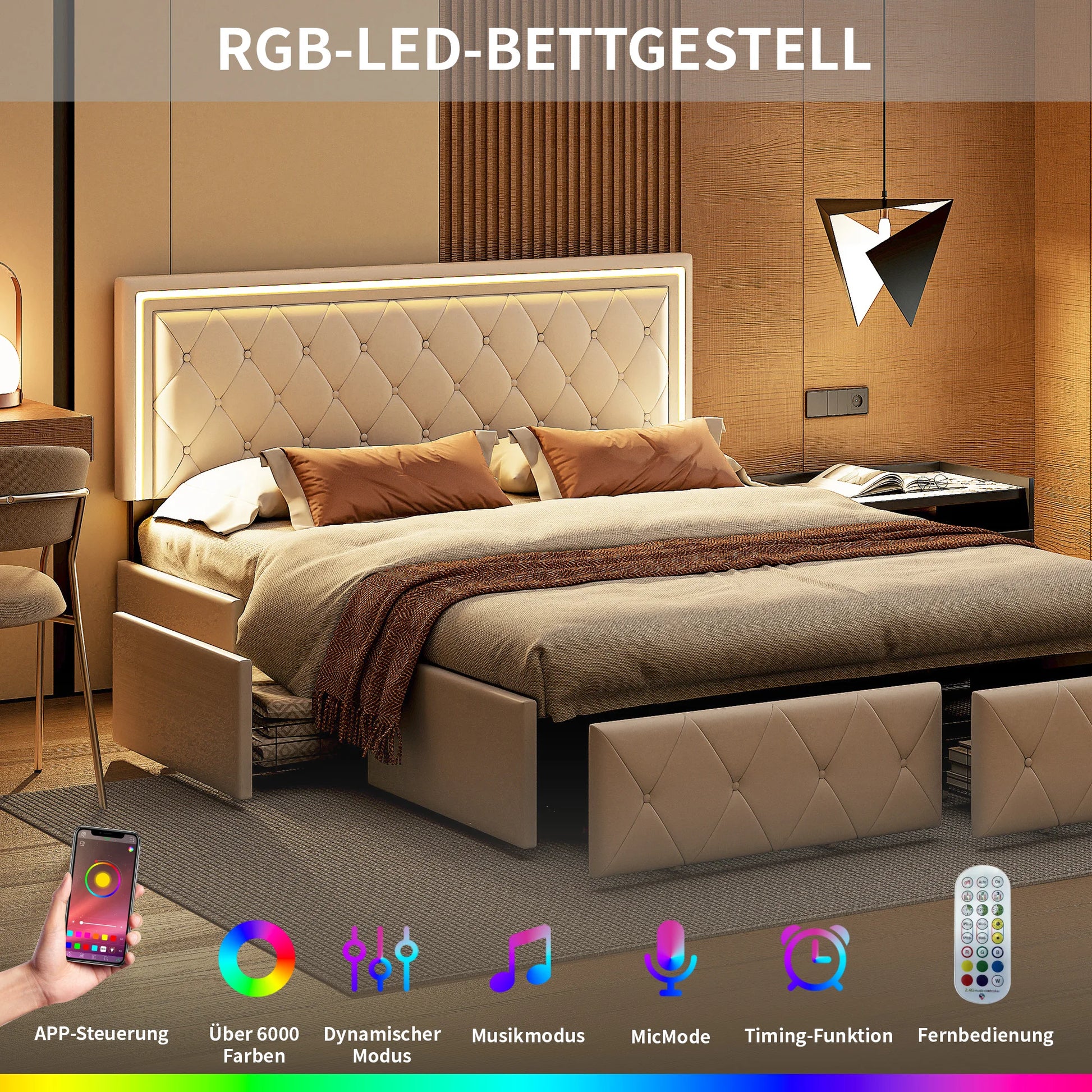 Rosahqnda Modern Faux Leather bed with Drawers, Stylish Faux Leather Double Bed Rher with Storage, Without Mattress