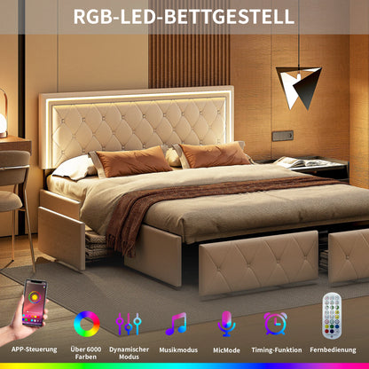 Rosahqnda Modern Faux Leather bed with Drawers, Stylish Faux Leather Double Bed Rher with Storage, Without Mattress