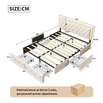Rosahqnda Modern Faux Leather bed with Drawers, Stylish Faux Leather Double Bed Rher with Storage, Without Mattress