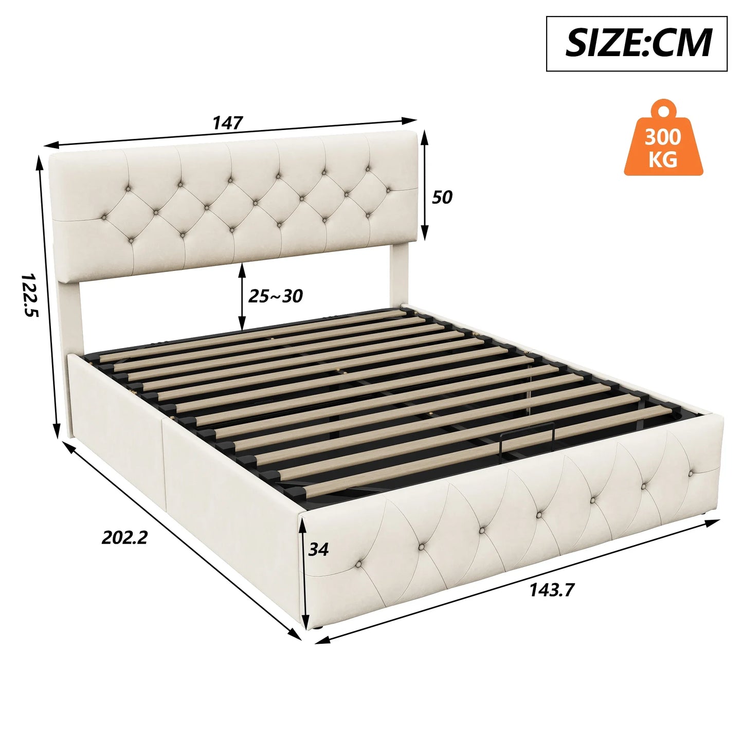 Rosahqnda Upholstered bed double bed frame, lifting bed with large storage space, beige,velvet fabric, without mattress