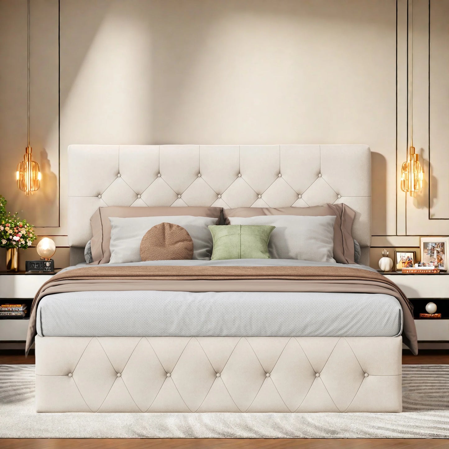 Rosahqnda Upholstered bed double bed frame, lifting bed with large storage space, beige,velvet fabric, without mattress