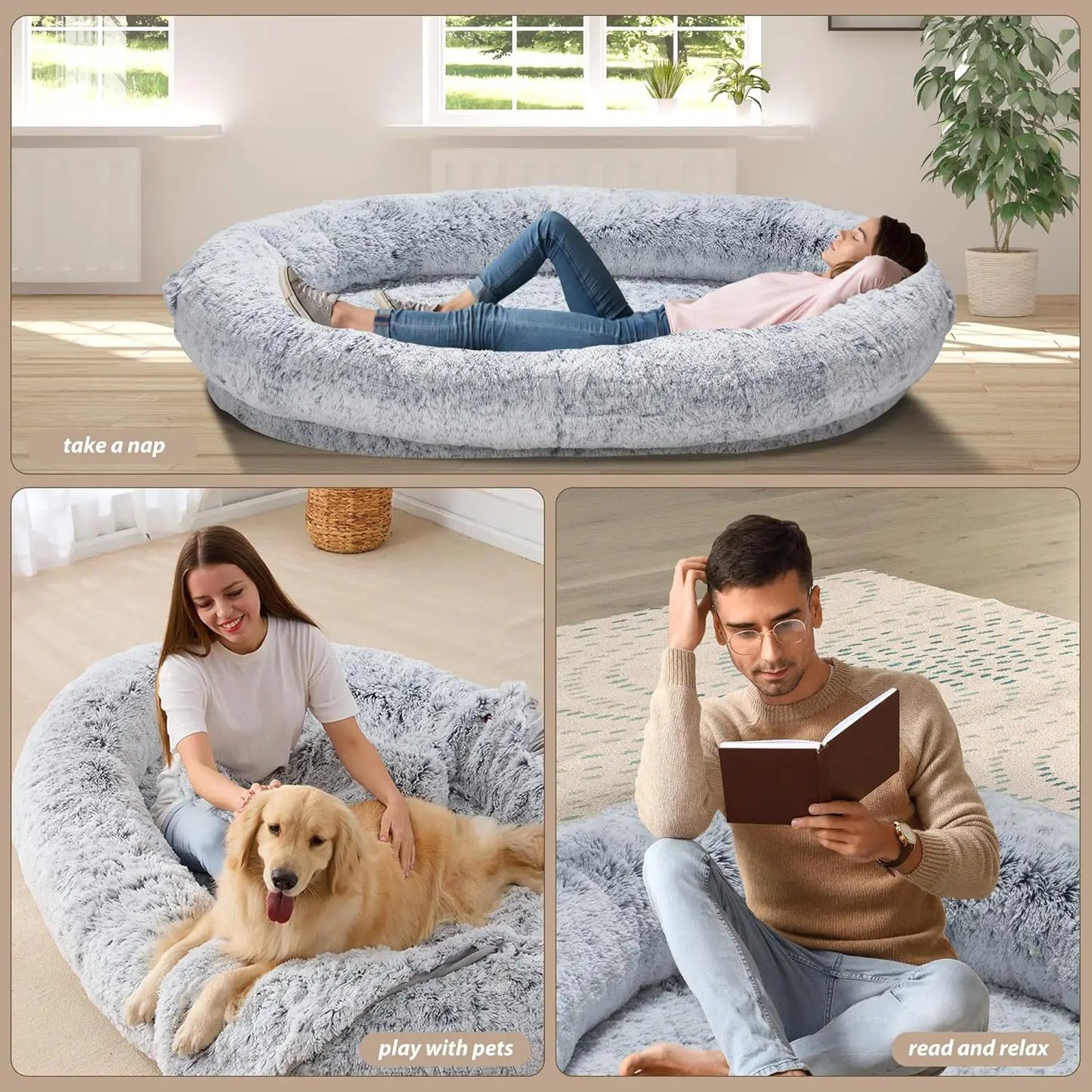 65x37.4x11.8 Inches Human Dog Bed, Detachable Multifunctional Oval Large Dog Bed With Non-slip Design, Human Size Dog Bed