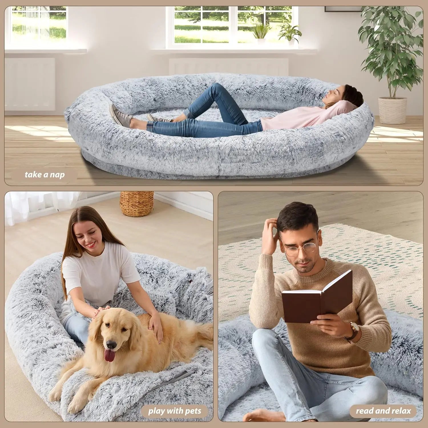 65x37.4x11.8 Inches Human Dog Bed, Detachable Multifunctional Oval Large Dog Bed With Non-slip Design, Human Size Dog Bed