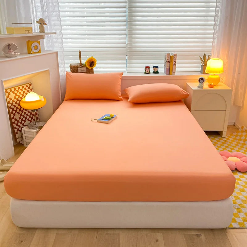 Soft Cotton Fitted Bed Sheet with Elastic Band Solid Color Mattress Cover for Single Double King Queen Bed 140/150/160/180/200