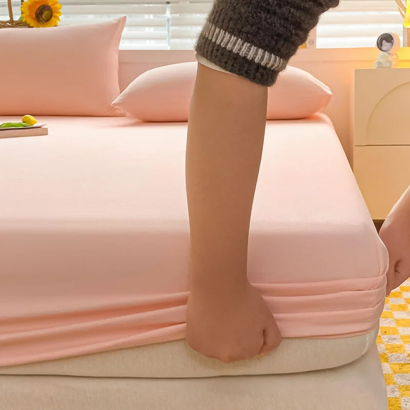 Soft Cotton Fitted Bed Sheet with Elastic Band Solid Color Mattress Cover for Single Double King Queen Bed 140/150/160/180/200