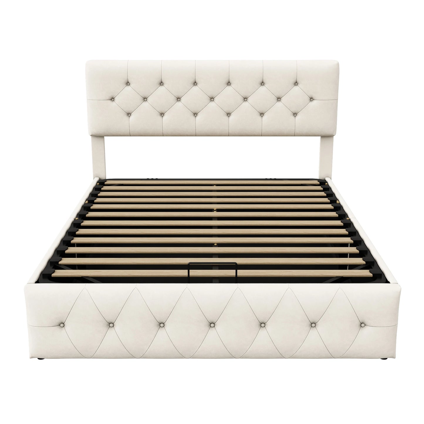 Rosahqnda Upholstered bed double bed frame, lifting bed with large storage space, beige,velvet fabric, without mattress
