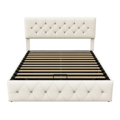 Rosahqnda Upholstered bed double bed frame, lifting bed with large storage space, beige,velvet fabric, without mattress