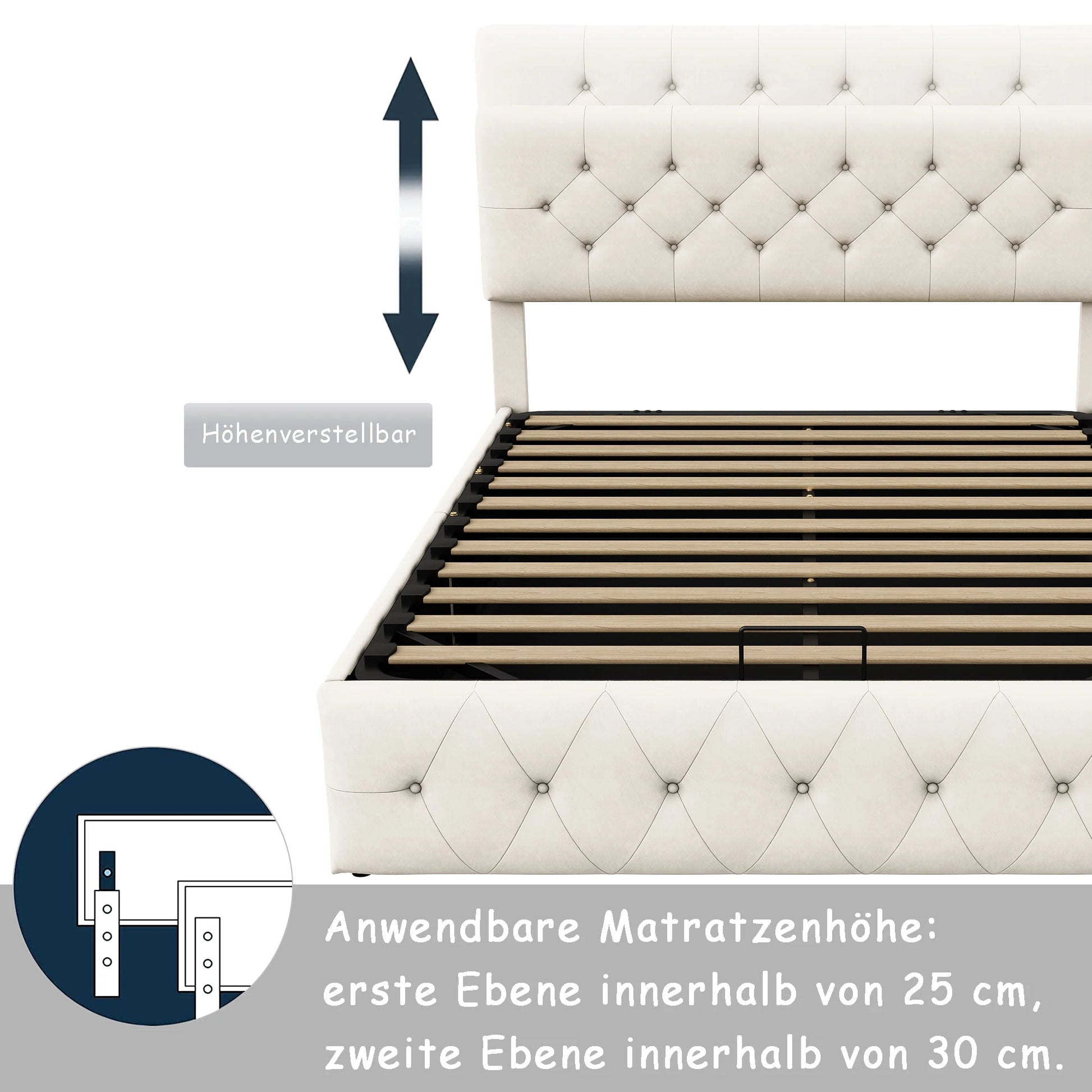 Rosahqnda Upholstered bed double bed frame, lifting bed with large storage space, beige,velvet fabric, without mattress