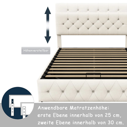 Rosahqnda Upholstered bed double bed frame, lifting bed with large storage space, beige,velvet fabric, without mattress