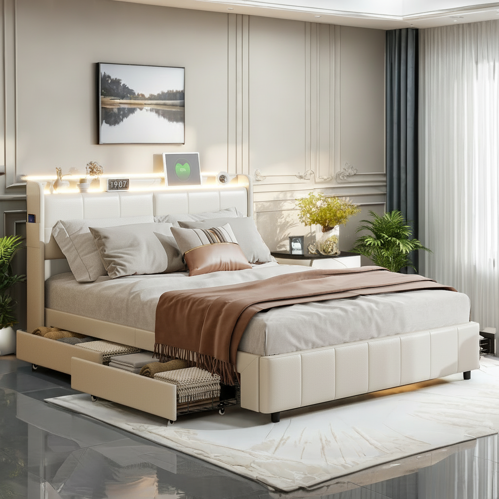 Wooden Aura Double Upholstery bed 140x200CM with 4 Drawers for Storage Backrest with Storage and Slatted Frame PU leather