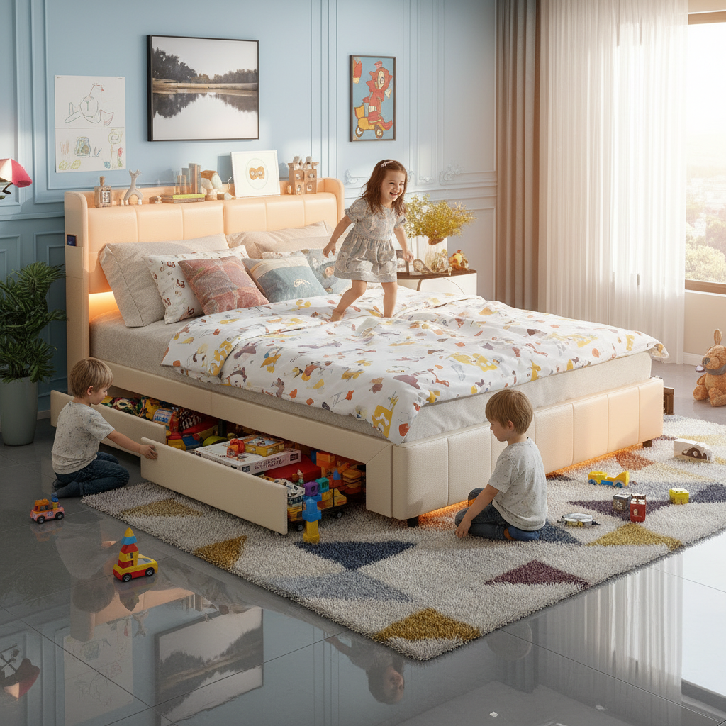 Wooden Aura Double Upholstery bed 140x200CM with 4 Drawers for Storage Backrest with Storage and Slatted Frame PU leather