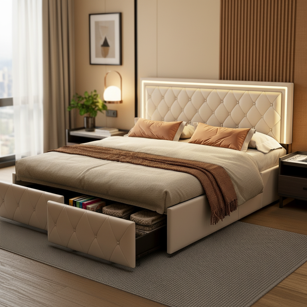 Rosahqnda Modern Faux Leather bed with Drawers, Stylish Faux Leather Double Bed Rher with Storage, Without Mattress