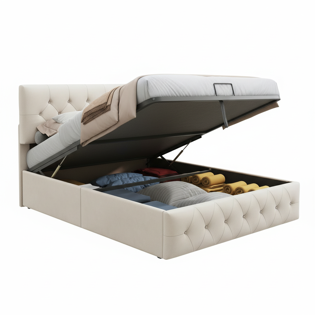 Rosahqnda Upholstered bed double bed frame, lifting bed with large storage space, beige,velvet fabric, without mattress
