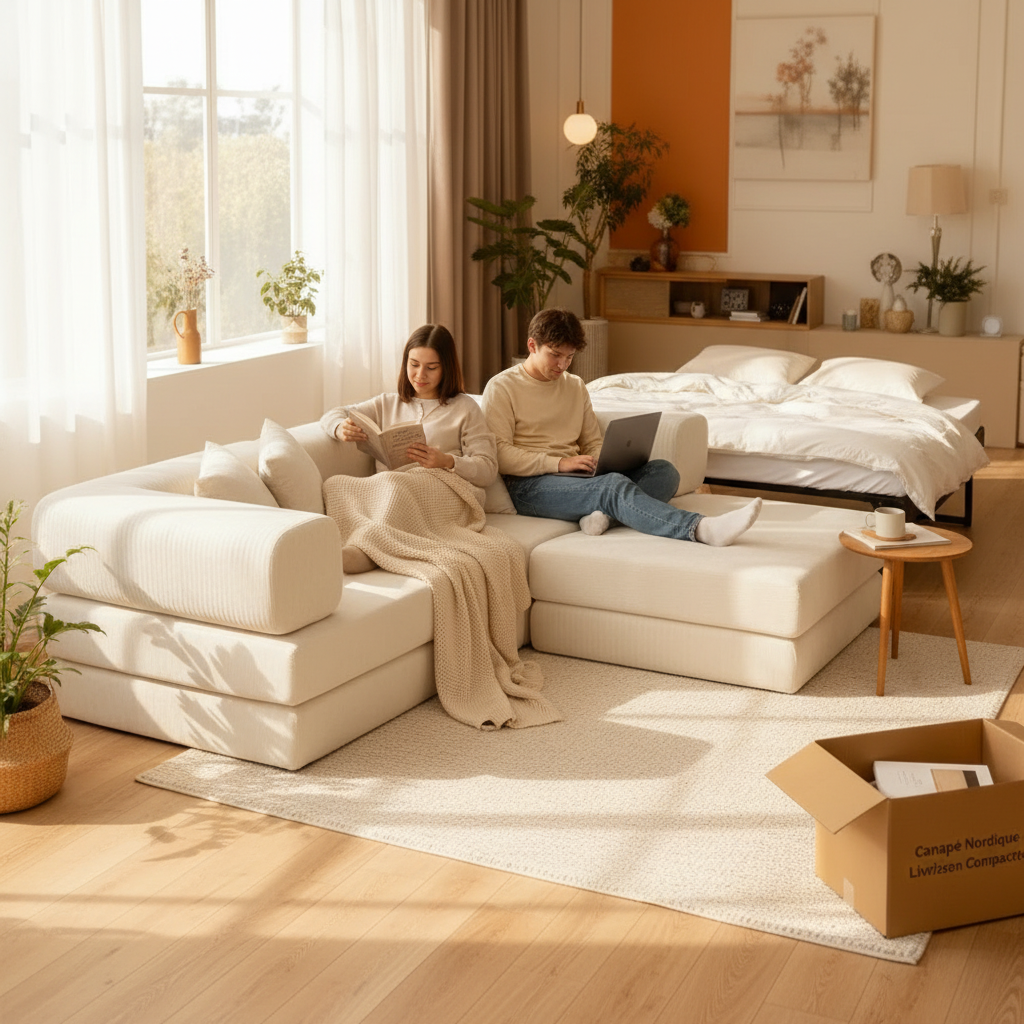 Modern Nordic Velvet Fabric Sectional Sofa with Compressed Sofa Bed in a Box for Living Room Furniture