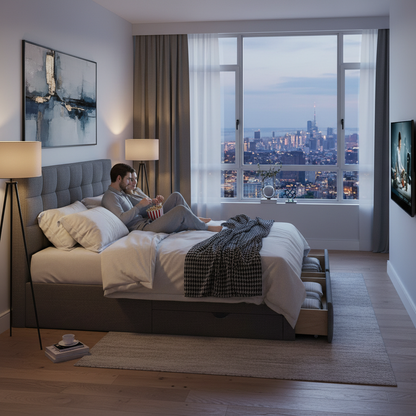 Rosahqnda cushion bed Padded Hydraulic bed frame Grey Pu Linen Headboard Linen Fabric Without Mattress